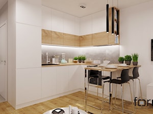 MIESZKANIE DĄBIE PARK - Mała z salonem biała szara z zabudowaną lodówką z podblatowym zlewozmywakiem kuchnia w kształcie litery l, styl nowoczesny - zdjęcie od FORMA - Pracownia Architektury Wnętrz