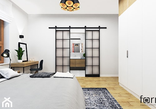 SYPIALNIA KOKOSOWA - Średnia szara z biurkiem sypialnia z łazienką, styl nowoczesny - zdjęcie od FORMA - Pracownia Architektury Wnętrz