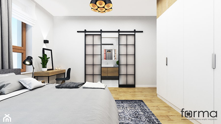 SYPIALNIA KOKOSOWA - Średnia szara z biurkiem sypialnia z łazienką, styl nowoczesny - zdjęcie od FORMA - Pracownia Architektury Wnętrz