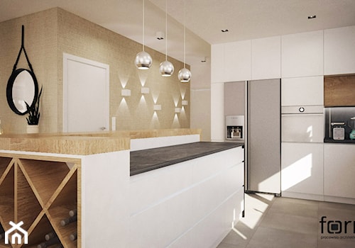 Beżowy biały salon z kuchnią, styl nowoczesny - zdjęcie od FORMA - Pracownia Architektury Wnętrz
