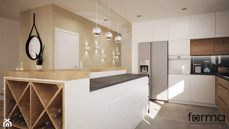 Beżowy biały salon z kuchnią, styl nowoczesny - zdjęcie od FORMA - Pracownia Architektury Wnętrz