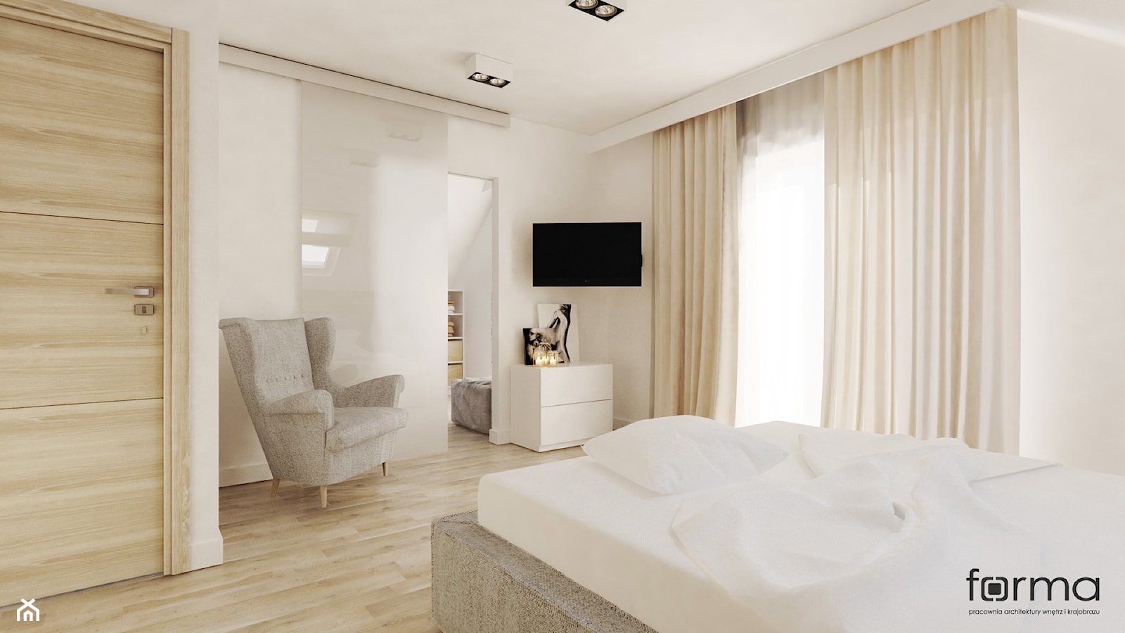 SYPIALNIA Z GARDEROBĄ - Średnia biała sypialnia, styl nowoczesny - zdjęcie od FORMA - Pracownia Architektury Wnętrz - Homebook