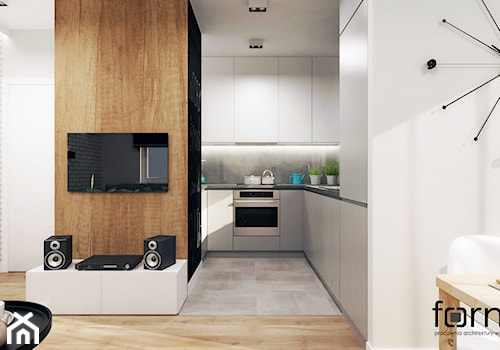 MIESZKANIE BOREK FAŁĘCKI - Średni biały czarny szary salon z kuchnią z jadalnią, styl nowoczesny - zdjęcie od FORMA - Pracownia Architektury Wnętrz