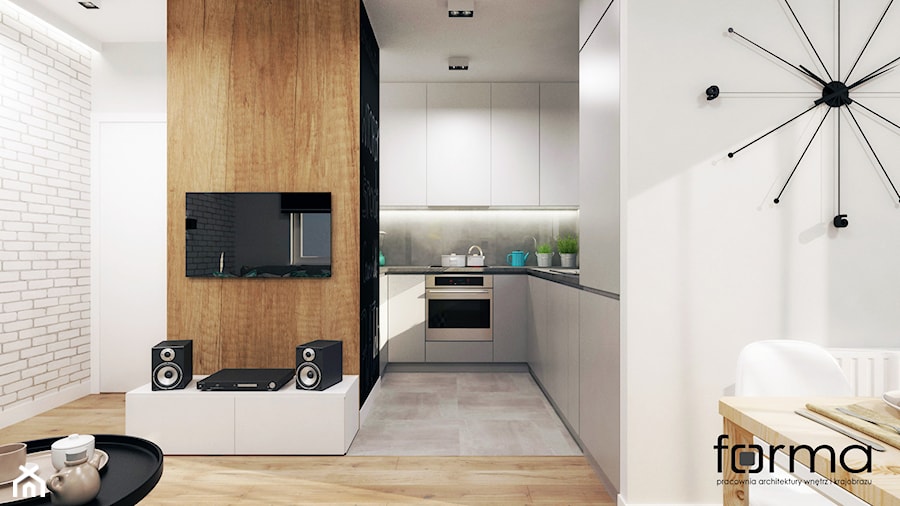 MIESZKANIE BOREK FAŁĘCKI - Średni biały czarny szary salon z kuchnią z jadalnią, styl nowoczesny - zdjęcie od FORMA - Pracownia Architektury Wnętrz