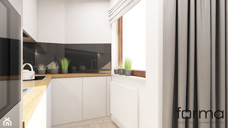 MIESZKANIE WROCŁAWSKA - Średnia zamknięta biała z zabudowaną lodówką z nablatowym zlewozmywakiem kuchnia w kształcie litery l z oknem, styl nowoczesny - zdjęcie od FORMA - Pracownia Architektury Wnętrz