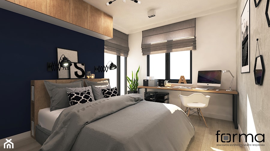 SYPIALNIA RUCZAJ - Średnia biała niebieska z biurkiem sypialnia, styl industrialny - zdjęcie od FORMA - Pracownia Architektury Wnętrz