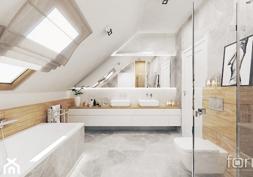ŁAZIENKA ZABIERZÓW - Duża na poddaszu z dwoma umywalkami z punktowym oświetleniem łazienka z oknem, styl nowoczesny - zdjęcie od FORMA - Pracownia Architektury Wnętrz