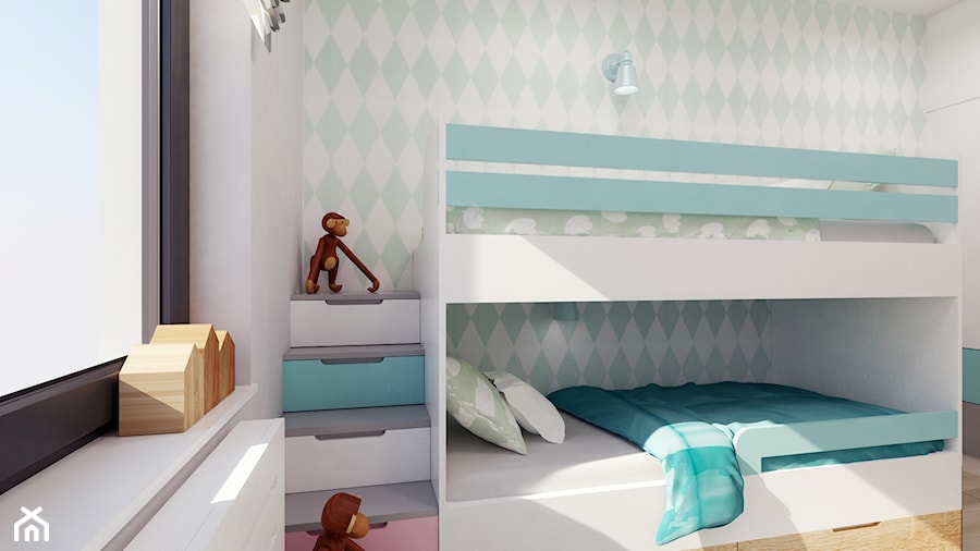 POKÓJ DZIEWCZYNEK - Mały biały szary pokój dziecka dla dziecka dla nastolatka dla chłopca dla dziewczynki dla rodzeństwa, styl nowoczesny - zdjęcie od FORMA - Pracownia Architektury Wnętrz