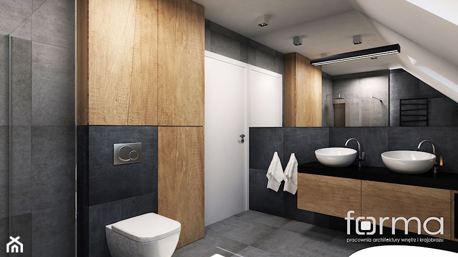 ŁAZIENKA KRYSPINÓW - Średnia na poddaszu z dwoma umywalkami łazienka z oknem, styl nowoczesny - zdjęcie od FORMA - Pracownia Architektury Wnętrz