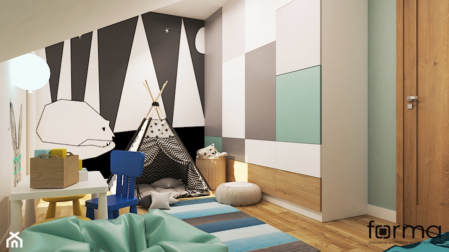 POKÓJ TYMKA - Średni biały zielony pokój dziecka dla dziecka dla chłopca dla dziewczynki, styl nowoczesny - zdjęcie od FORMA - Pracownia Architektury Wnętrz