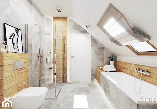 ŁAZIENKA ZABIERZÓW - Średnia na poddaszu z marmurową podłogą z punktowym oświetleniem łazienka z oknem, styl nowoczesny - zdjęcie od FORMA - Pracownia Architektury Wnętrz