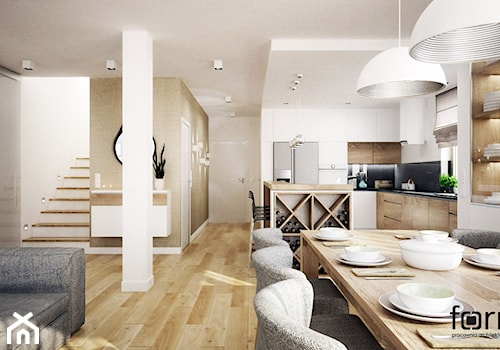Duży salon z kuchnią z jadalnią z antresolą, styl nowoczesny - zdjęcie od FORMA - Pracownia Architektury Wnętrz
