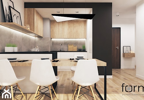 MIESZKANIE ZALESIE - Średnia beżowa biała czarna jadalnia w kuchni, styl nowoczesny - zdjęcie od FORMA - Pracownia Architektury Wnętrz