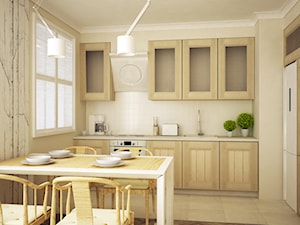 Elegancki salon z kuchnią - Mała z salonem beżowa biała z zabudowaną lodówką z podblatowym zlewozmywakiem kuchnia jednorzędowa, styl nowoczesny - zdjęcie od FORMA - Pracownia Architektury Wnętrz