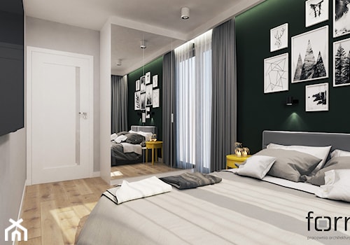SYPIALNIA ZALESIE - Średnia biała szara zielona sypialnia, styl nowoczesny - zdjęcie od FORMA - Pracownia Architektury Wnętrz