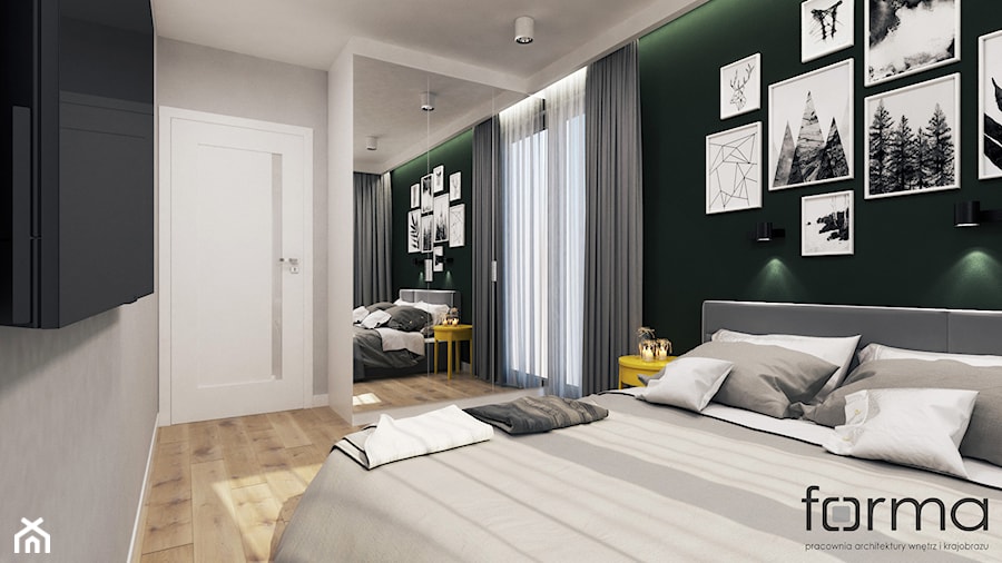 SYPIALNIA ZALESIE - Średnia biała szara zielona sypialnia, styl nowoczesny - zdjęcie od FORMA - Pracownia Architektury Wnętrz