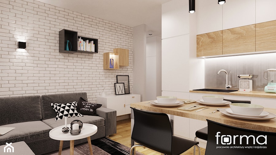 MIESZKANIE DĄBIE PARK - Mały szary salon z kuchnią z jadalnią, styl nowoczesny - zdjęcie od FORMA - Pracownia Architektury Wnętrz