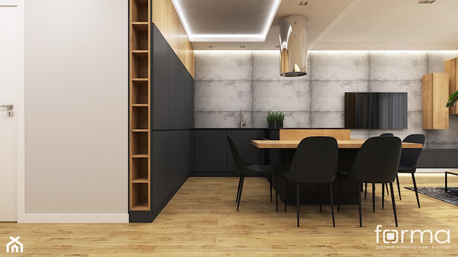 MIESZKANIE CHOPINA - Średni czarny szary salon z kuchnią z jadalnią, styl nowoczesny - zdjęcie od FORMA - Pracownia Architektury Wnętrz
