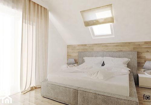 SYPIALNIA Z GARDEROBĄ - Średnia biała sypialnia na poddaszu z balkonem / tarasem, styl nowoczesny - zdjęcie od FORMA - Pracownia Architektury Wnętrz