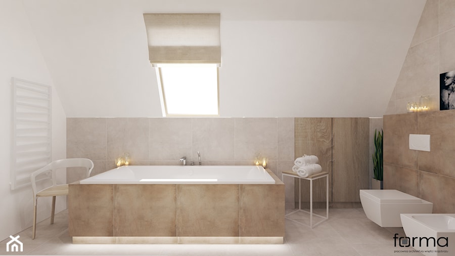 SALON KĄPIELOWY - Duża na poddaszu łazienka z oknem, styl nowoczesny - zdjęcie od FORMA - Pracownia Architektury Wnętrz