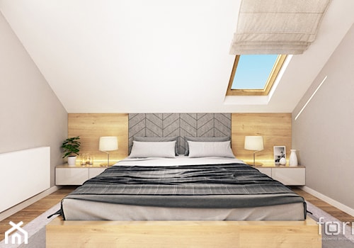 SYPIALNIA BOLECHOWICE - Mała biała szara sypialnia na poddaszu, styl nowoczesny - zdjęcie od FORMA - Pracownia Architektury Wnętrz