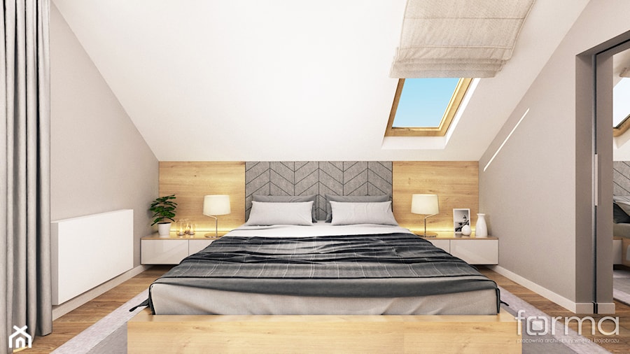 SYPIALNIA BOLECHOWICE - Mała biała szara sypialnia na poddaszu, styl nowoczesny - zdjęcie od FORMA - Pracownia Architektury Wnętrz