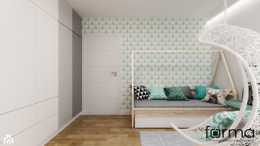 POKÓJ LENKI - Mały biały szary zielony pokój dziecka dla dziecka dla nastolatka dla chłopca dla dziewczynki, styl skandynawski - zdjęcie od FORMA - Pracownia Architektury Wnętrz