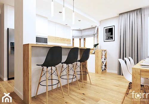 KUCHNIA RUCZAJ - Średnia otwarta z salonem szara z zabudowaną lodówką kuchnia w kształcie litery l z wyspą lub półwyspem z oknem, styl nowoczesny - zdjęcie od FORMA - Pracownia Architektury Wnętrz