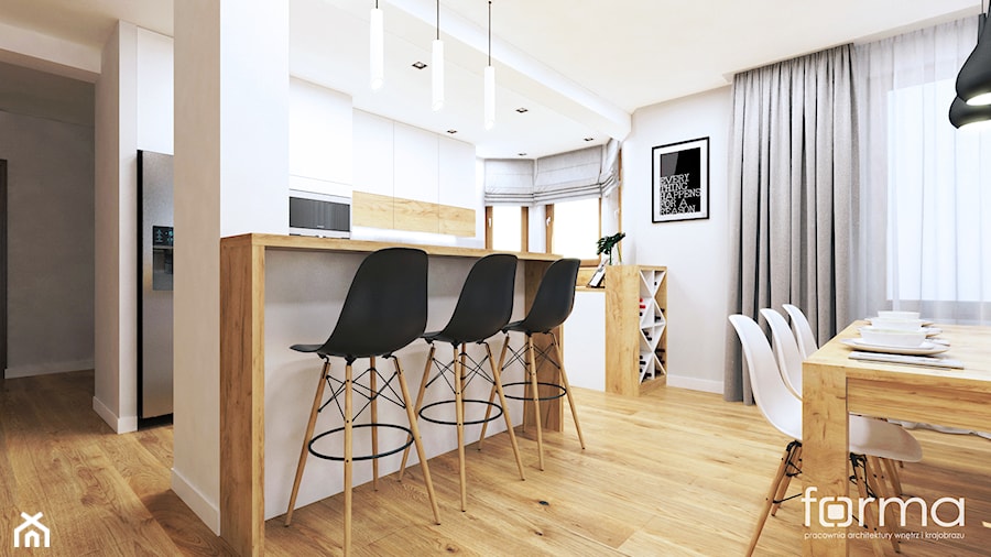 KUCHNIA RUCZAJ - Średnia otwarta z salonem szara z zabudowaną lodówką kuchnia w kształcie litery l z wyspą lub półwyspem z oknem, styl nowoczesny - zdjęcie od FORMA - Pracownia Architektury Wnętrz