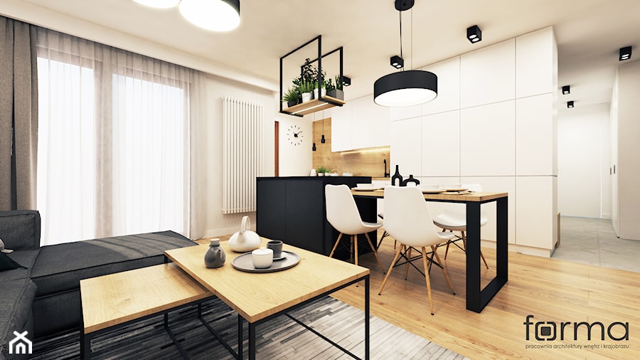 WILLA SŁOWICZA - Średni biały salon z kuchnią z jadalnią z tarasem / balkonem, styl industrialny - zdjęcie od FORMA - Pracownia Architektury Wnętrz