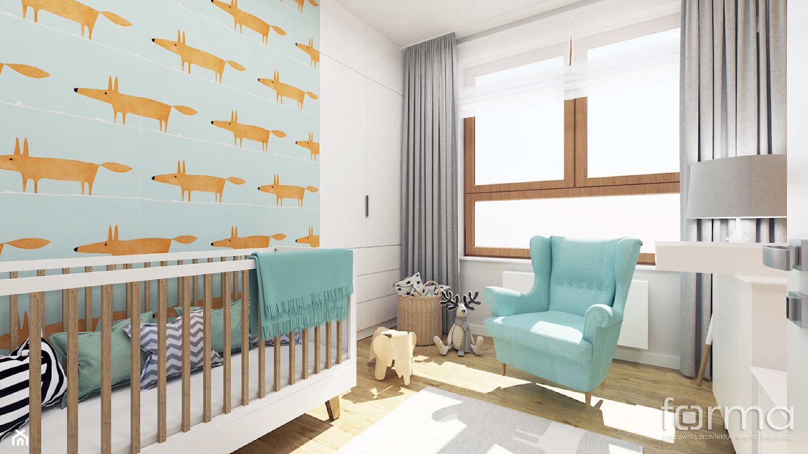 POKÓJ DZIĘCIĘCY ZIELONY NUGAT - Średni biały niebieski pokój dziecka dla niemowlaka dla chłopca, styl nowoczesny - zdjęcie od FORMA - Pracownia Architektury Wnętrz - Homebook