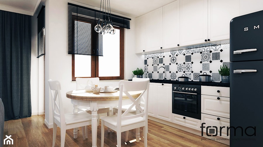 MIESZKANIE NA ZABŁOCIU - Mała otwarta z salonem biała z zabudowaną lodówką z lodówką wolnostojącą kuchnia jednorzędowa z oknem, styl skandynawski - zdjęcie od FORMA - Pracownia Architektury Wnętrz