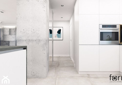 DOM ZELKÓW - Średnia otwarta z salonem biała z zabudowaną lodówką kuchnia w kształcie litery l z wyspą lub półwyspem, styl nowoczesny - zdjęcie od FORMA - Pracownia Architektury Wnętrz