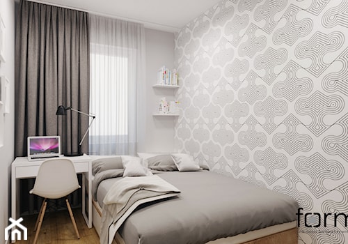 MIESZKANIE DĄBIE PARK - Mała biała szara z biurkiem sypialnia, styl nowoczesny - zdjęcie od FORMA - Pracownia Architektury Wnętrz