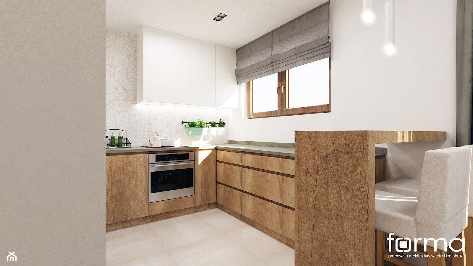 DOM KLINY - Średnia otwarta biała z zabudowaną lodówką kuchnia w kształcie litery l z oknem, styl nowoczesny - zdjęcie od FORMA - Pracownia Architektury Wnętrz - Homebook