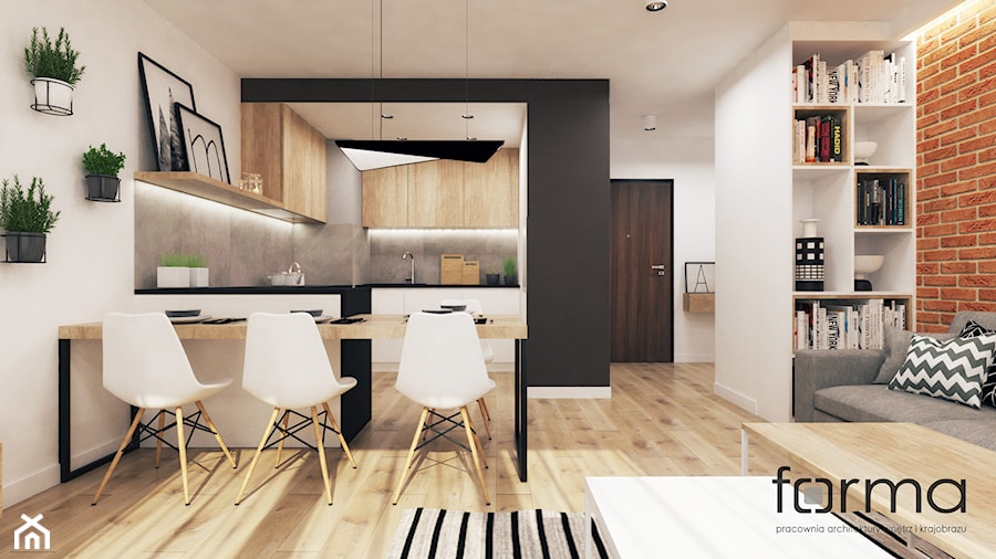 MIESZKANIE ZALESIE - Mały biały szary salon z kuchnią z jadalnią, styl nowoczesny - zdjęcie od FORMA - Pracownia Architektury Wnętrz