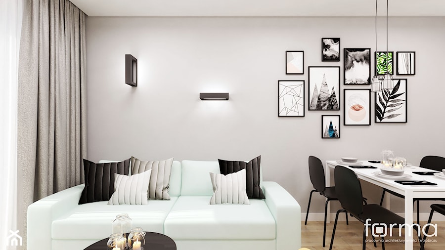 MIESZKANIE AVIA - Mały biały szary salon z jadalnią, styl nowoczesny - zdjęcie od FORMA - Pracownia Architektury Wnętrz