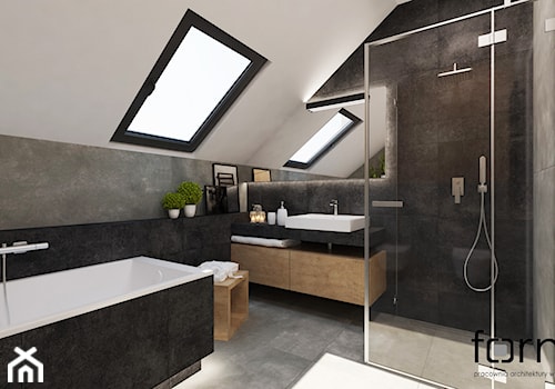 ŁAZIENKA STRUMIANY - Średnia na poddaszu z punktowym oświetleniem łazienka z oknem, styl nowoczesny - zdjęcie od FORMA - Pracownia Architektury Wnętrz