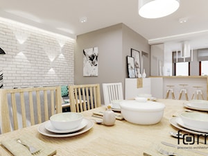 DOM W MODLNICY - Średnia beżowa biała jadalnia w salonie w kuchni, styl skandynawski - zdjęcie od FORMA - Pracownia Architektury Wnętrz