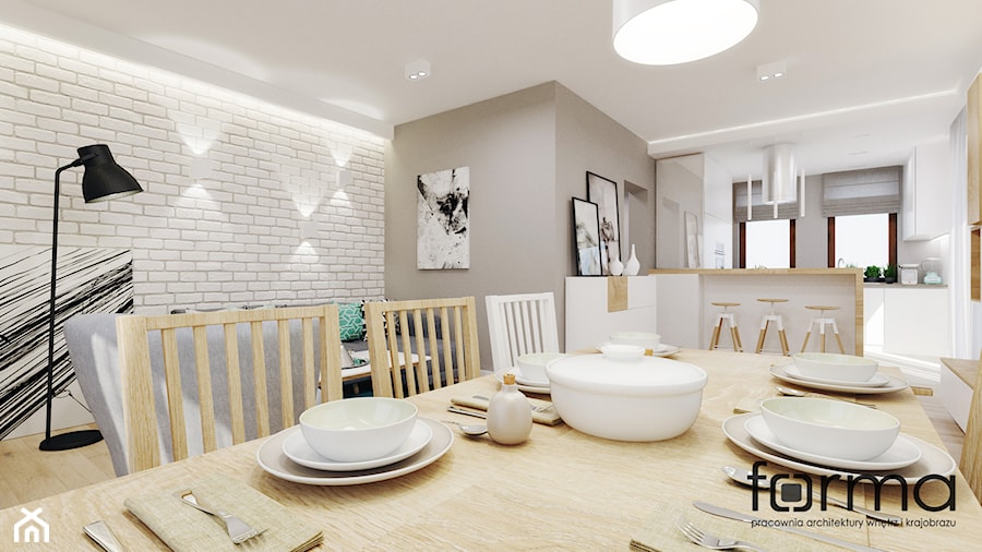 DOM W MODLNICY - Średnia beżowa biała jadalnia w salonie w kuchni, styl skandynawski - zdjęcie od FORMA - Pracownia Architektury Wnętrz