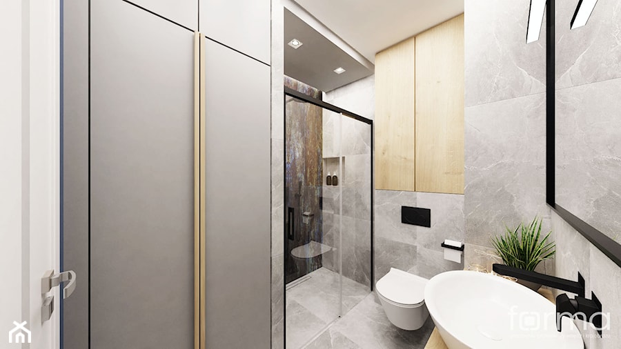 ŁAZIENKA 1 WIELICKA - Średnia z lustrem z punktowym oświetleniem łazienka, styl nowoczesny - zdjęcie od FORMA - Pracownia Architektury Wnętrz