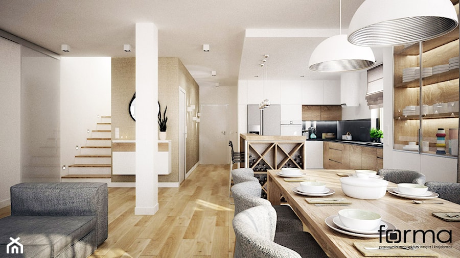 Średni biały salon z kuchnią z jadalnią, styl nowoczesny - zdjęcie od FORMA - Pracownia Architektury Wnętrz