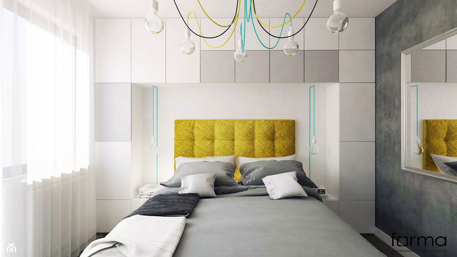 SYPIALNIA - Mała biała szara z panelami tapicerowanymi sypialnia z balkonem / tarasem, styl minimal ... - zdjęcie od FORMA - Pracownia Architektury Wnętrz - Homebook