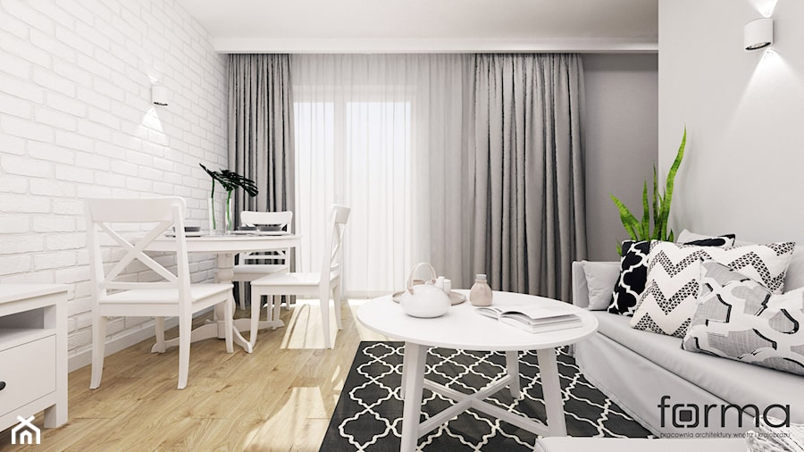 MIESZKANIE PACHOŃSKIEGO - Mały biały szary salon z jadalnią, styl skandynawski - zdjęcie od FORMA - Pracownia Architektury Wnętrz