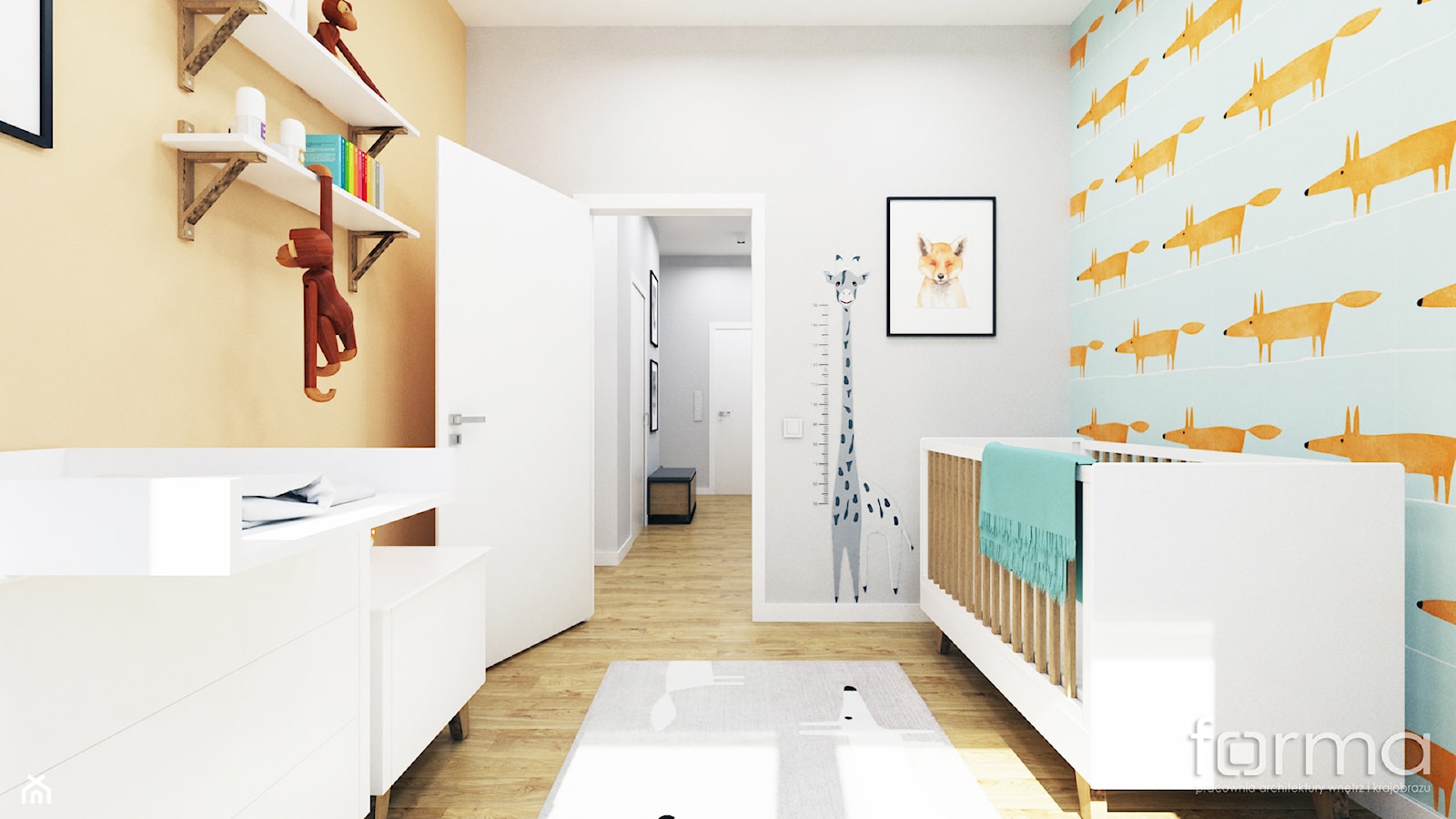 POKÓJ DZIĘCIĘCY ZIELONY NUGAT - Średni szary niebieski żółty pokój dziecka dla niemowlaka dla chłopca dla dziewczynki, styl nowoczesny - zdjęcie od FORMA - Pracownia Architektury Wnętrz - Homebook