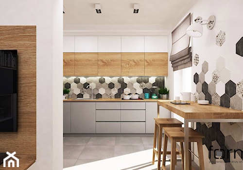 MIESZKANIE DĄBIE PARK - Średnia z salonem biała szara z podblatowym zlewozmywakiem kuchnia jednorzędowa, styl nowoczesny - zdjęcie od FORMA - Pracownia Architektury Wnętrz