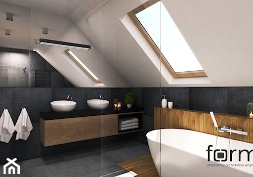 ŁAZIENKA KRYSPINÓW - Duża na poddaszu z dwoma umywalkami łazienka z oknem, styl nowoczesny - zdjęcie od FORMA - Pracownia Architektury Wnętrz