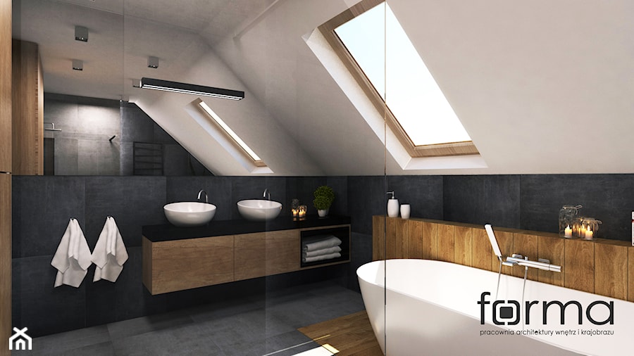 ŁAZIENKA KRYSPINÓW - Duża na poddaszu z dwoma umywalkami łazienka z oknem, styl nowoczesny - zdjęcie od FORMA - Pracownia Architektury Wnętrz
