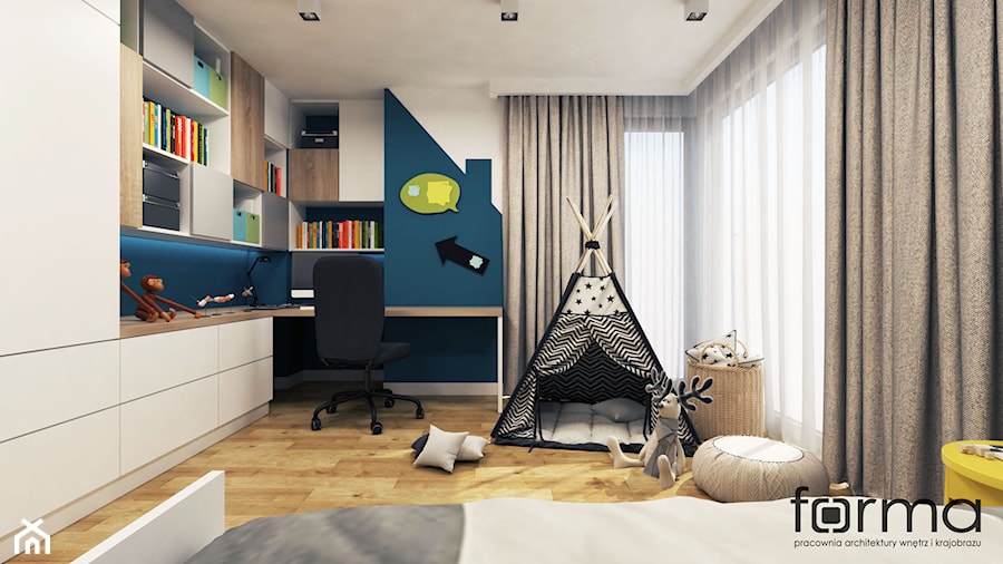 POKÓJ PIOTRUSIA - Średni szary niebieski pokój dziecka dla dziecka dla chłopca dla dziewczynki, styl nowoczesny - zdjęcie od FORMA - Pracownia Architektury Wnętrz