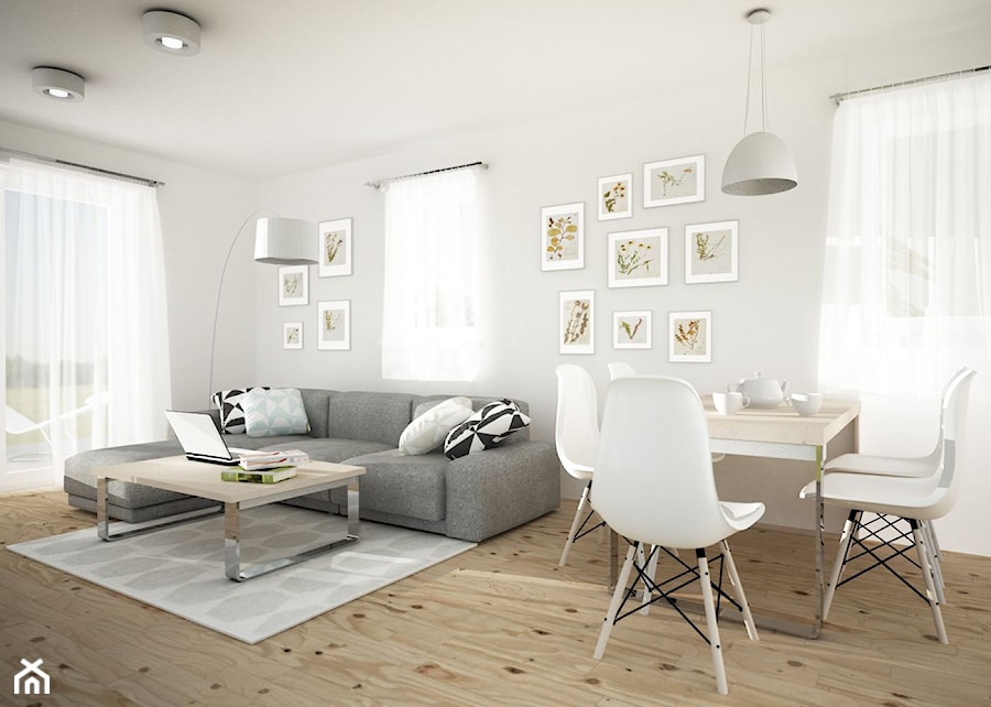 Średni biały salon z jadalnią, styl skandynawski - zdjęcie od FORMA - Pracownia Architektury Wnętrz